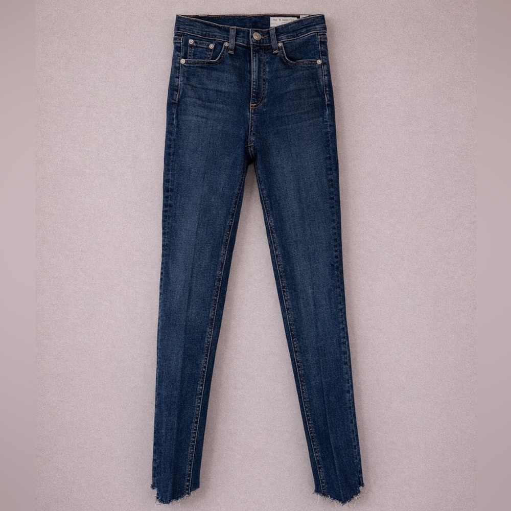Rag & Bone Dark Wash High Rise Ankle Skinny Raw Hem Jeans, Size 25